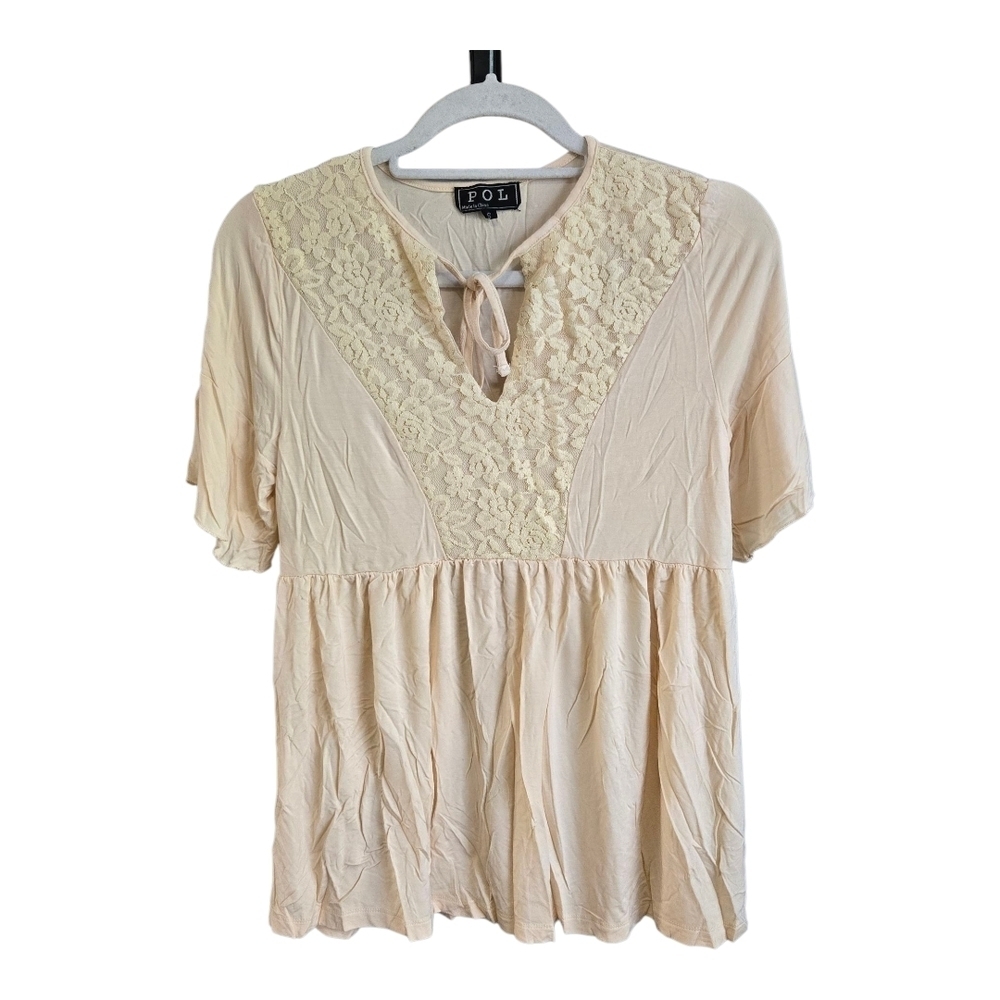POL Cream Tie Front Smocked Blouse, Size Small